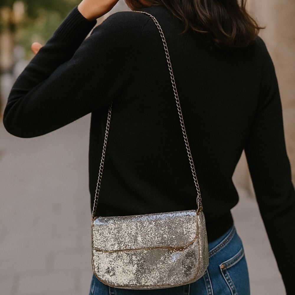 J Crew glitter chain strap handbag/evening bag in gold, magnetic closure.